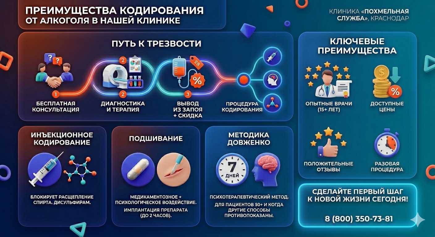 Инфографика о методах кодирования от алкоголя в Дорогобуже: инъекции, подшивание, метод Довженко. Преимущества клиники и этапы лечения.