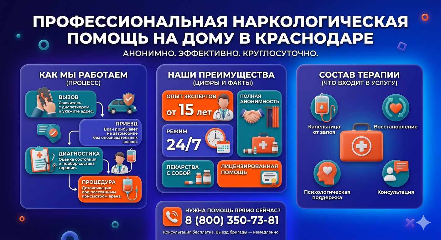 Инфографика о принципах лечения алкоголизма на дому в Дорогобуже: этапы вызова нарколога, преимущества анонимной детоксикации и состав медицинской помощи.